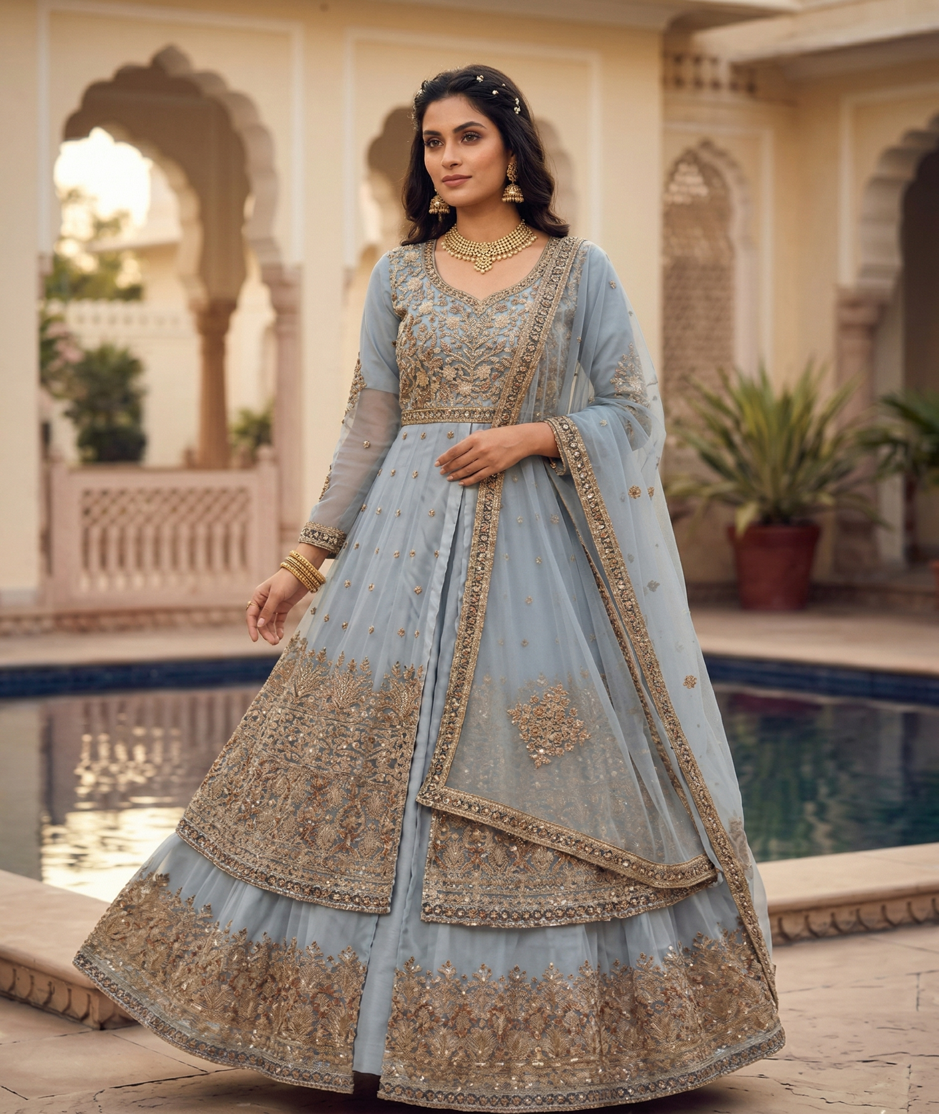 Net Open Maxi With Glitter Sequin & Zari Embroidery