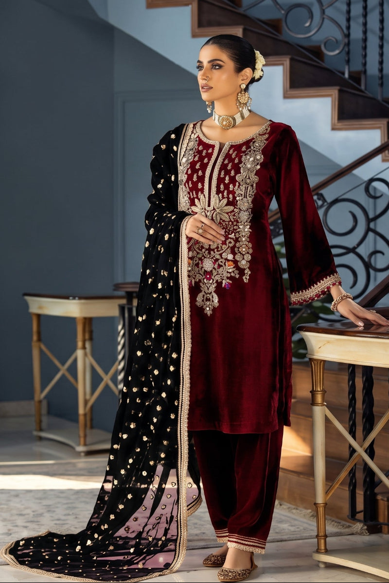 Maroon Velvet Micro 5000 Ready to Wear Wedding Festive Suit