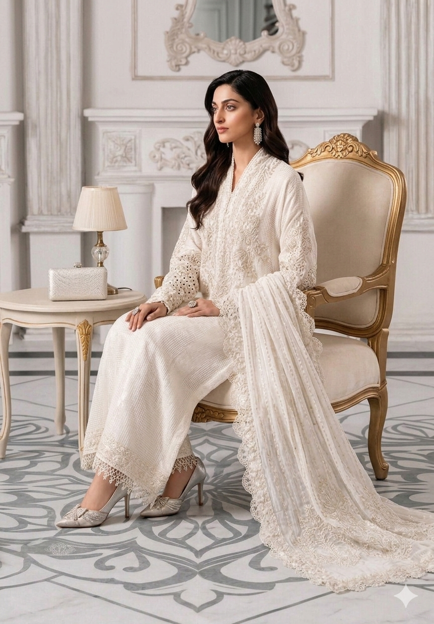 Ivory Sequence Embroidered Chiffon Adda Work Festive Suit | RTW