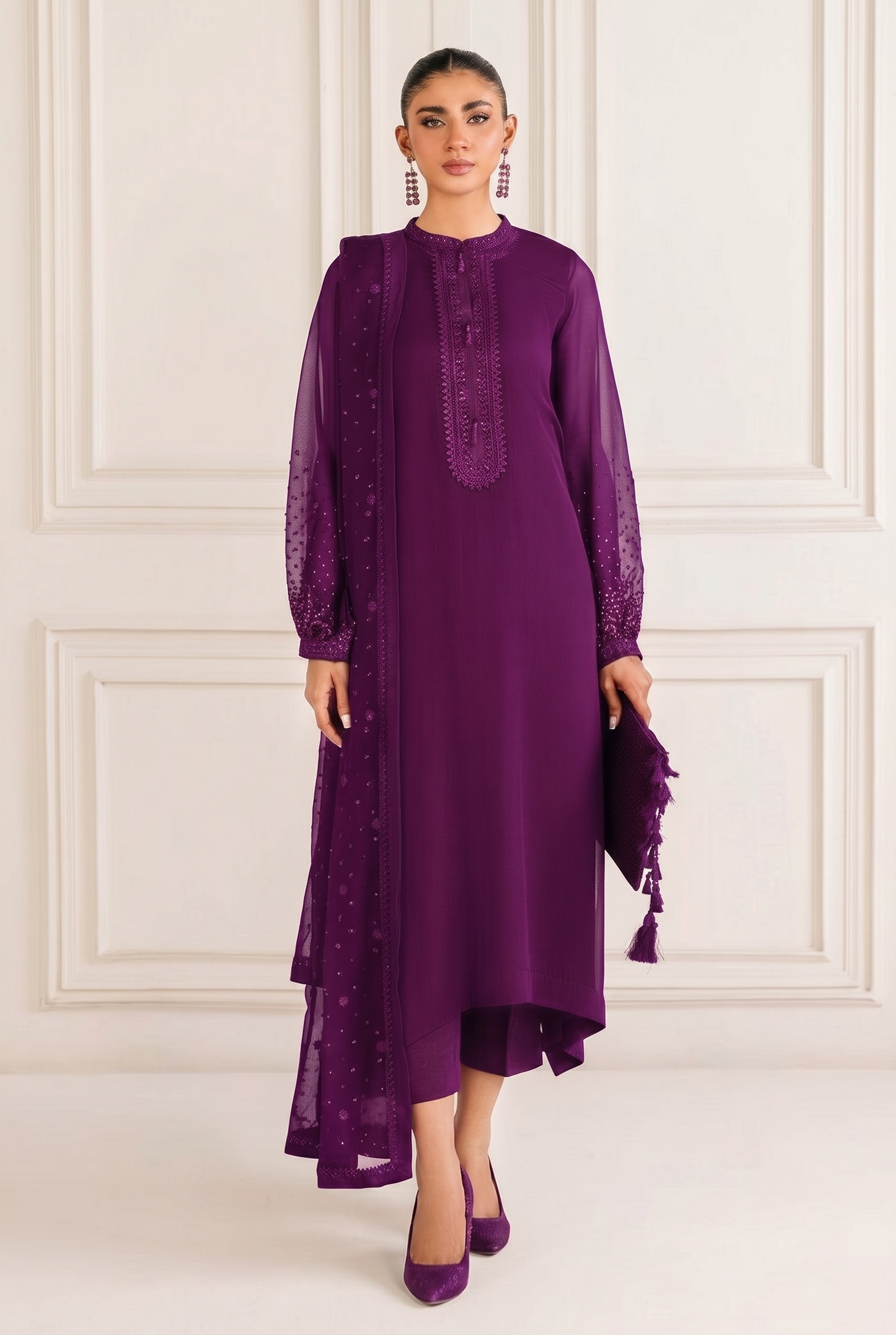 03-Piece Chiffon Suit With Sequence Embroidery - Ready To Wear