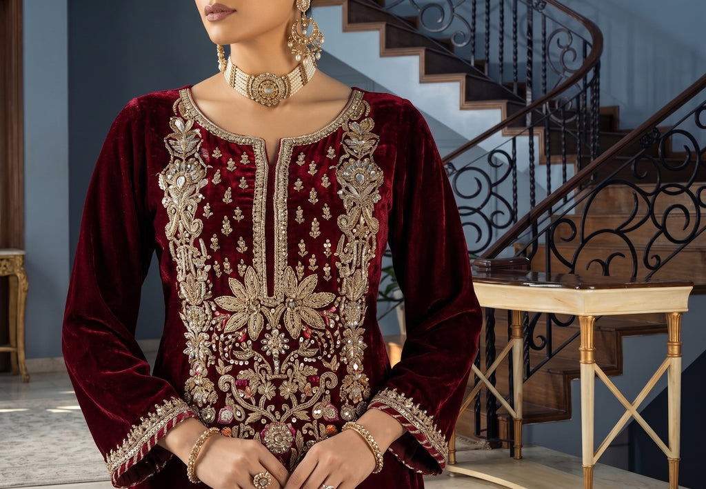 Maroon Velvet Micro 5000 Ready to Wear Wedding Festive Suit