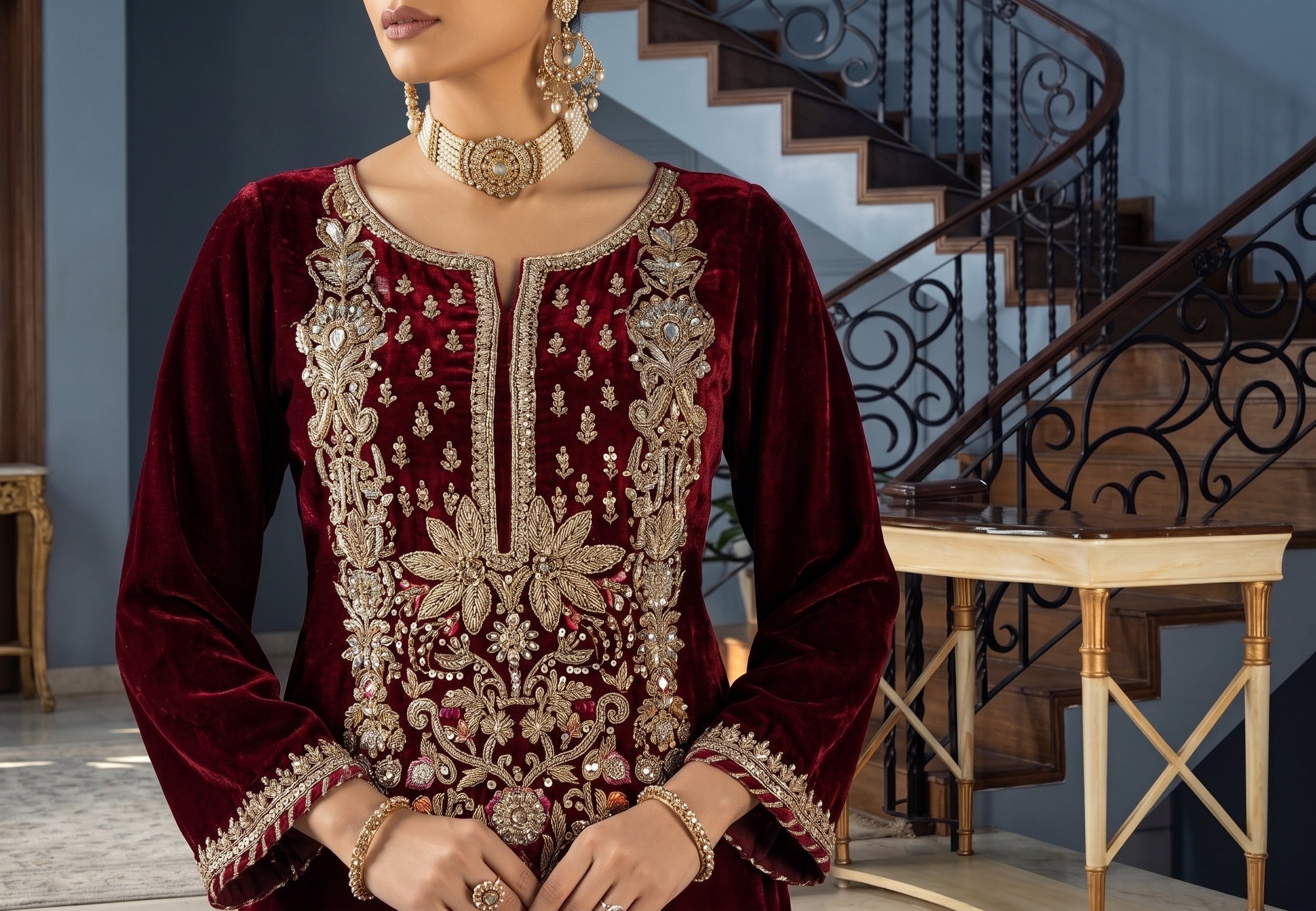 Maroon Velvet Micro 5000 Ready to Wear Wedding Festive Suit