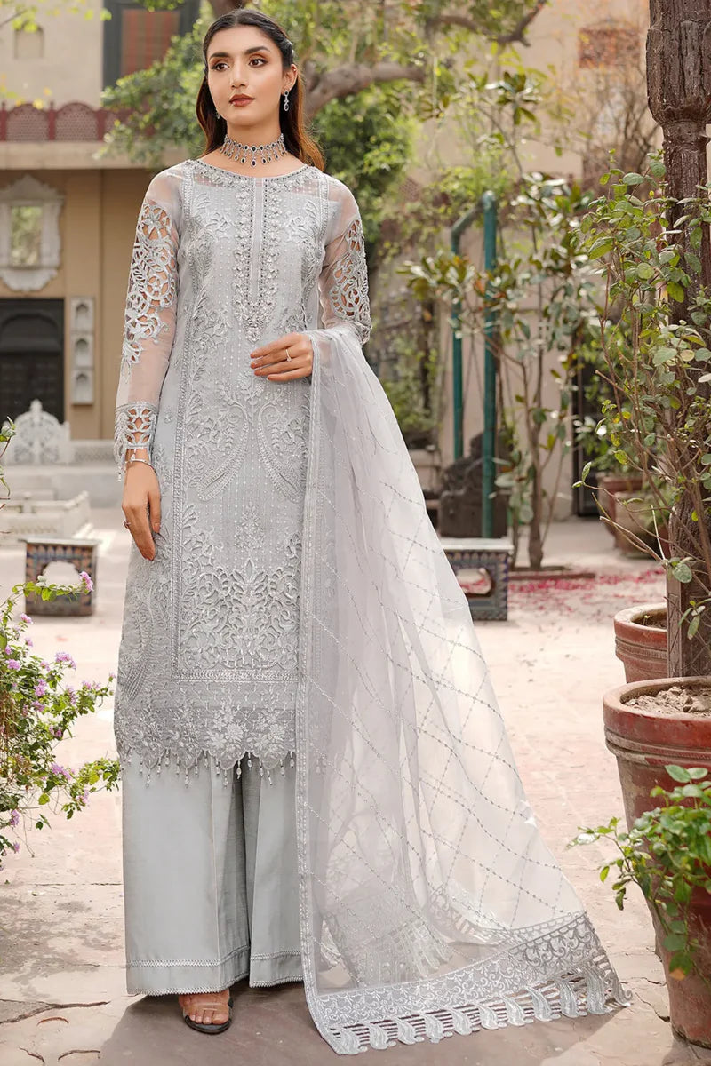 Silver Grey Heavy Embroidered Organza 3-Piece Suit |Ready to Wear