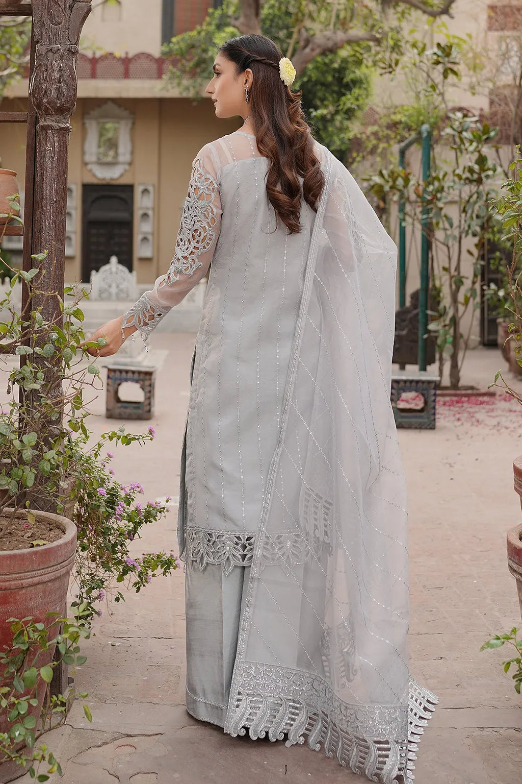 Silver Grey Heavy Embroidered Organza 3-Piece Suit |Ready to Wear