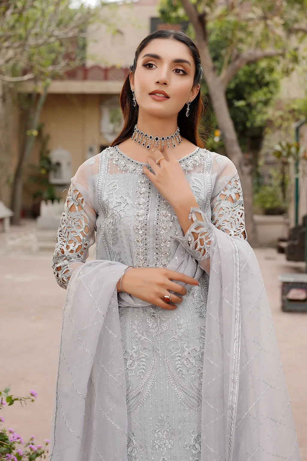 Silver Grey Heavy Embroidered Organza 3-Piece Suit |Ready to Wear
