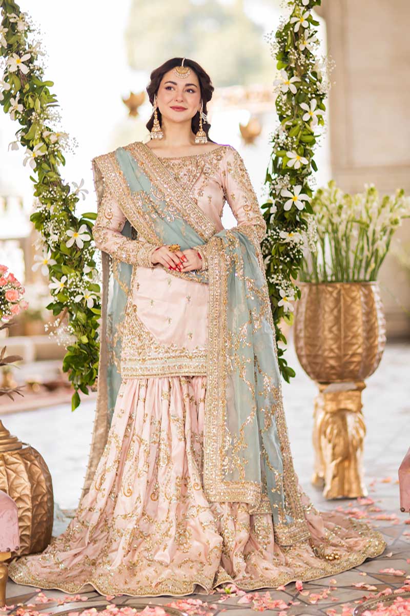 Pastel Peach Heavy Embroidered Net Gharara Suit | Ready to Wear