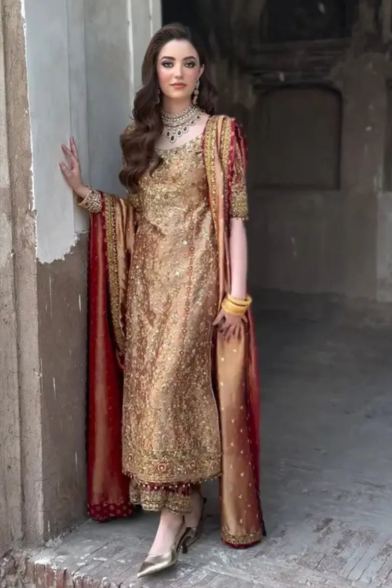 Luxury Shimmer Addawork Embroidered Golden 3-Piece Bridal Suit | Sheesha Banarsi Trouser & Dupatta