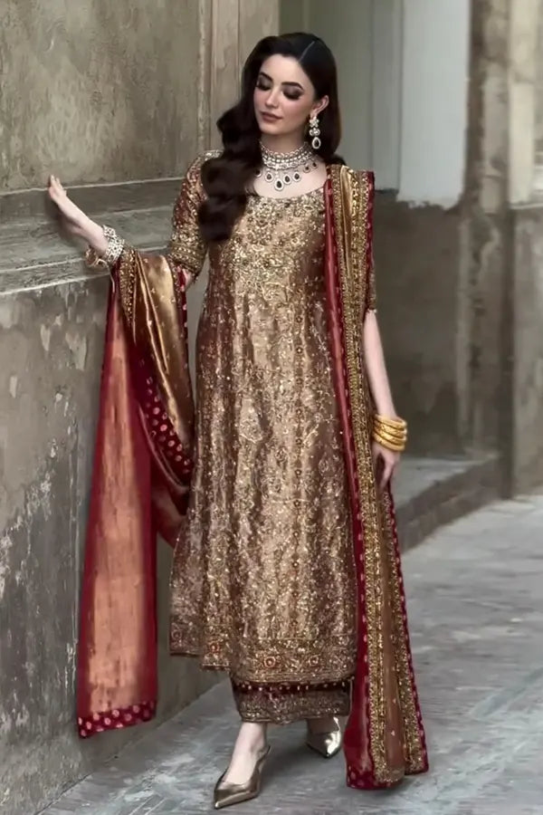 Luxury Shimmer Addawork Embroidered Golden 3-Piece Bridal Suit | Sheesha Banarsi Trouser & Dupatta