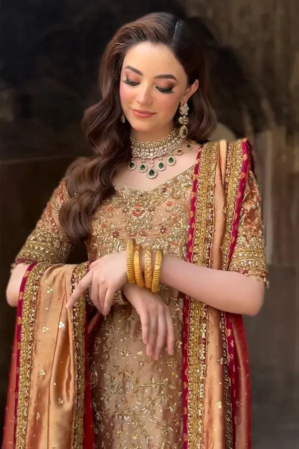 Luxury Shimmer Addawork Embroidered Golden 3-Piece Bridal Suit | Sheesha Banarsi Trouser & Dupatta