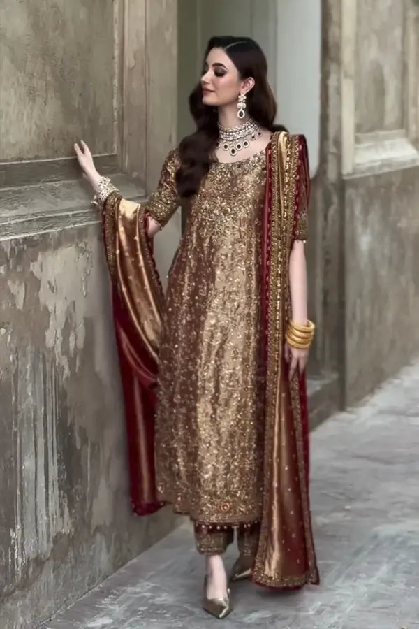 Luxury Shimmer Addawork Embroidered Golden 3-Piece Bridal Suit | Sheesha Banarsi Trouser & Dupatta