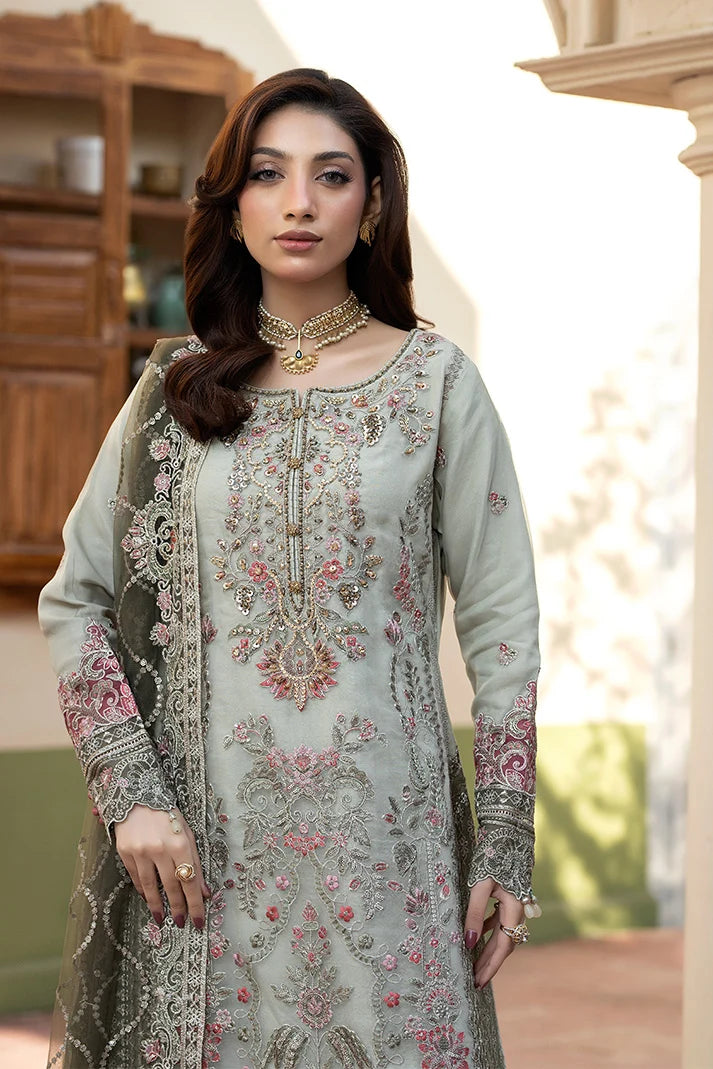 Soft Pastel Green-Grey Organza Ready to Wear Embroidered Festive Suit