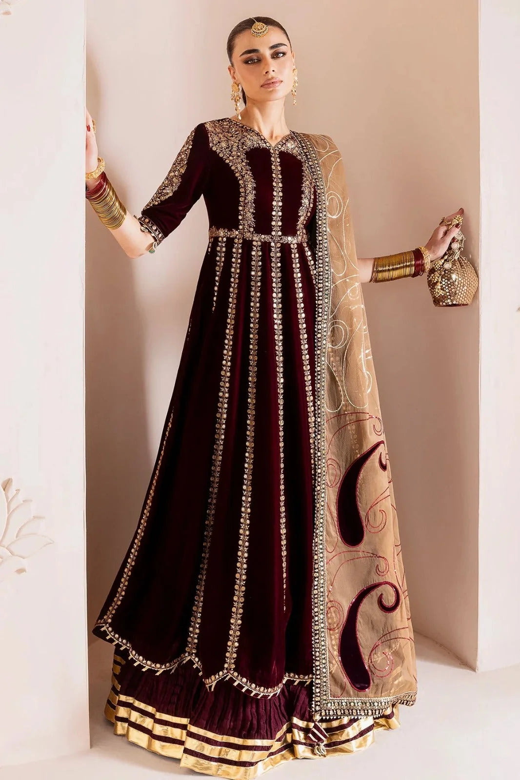 Royal Embroidered Kalidar Velvet and Raw Silk Bridal Lehenga Suit | RTW