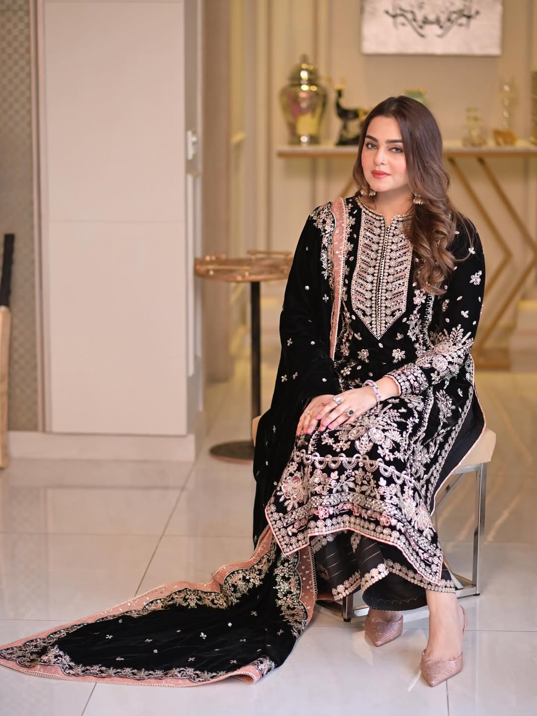 Opulent Black Velvet Embroidered 3-Piece Stitched Suit RTW