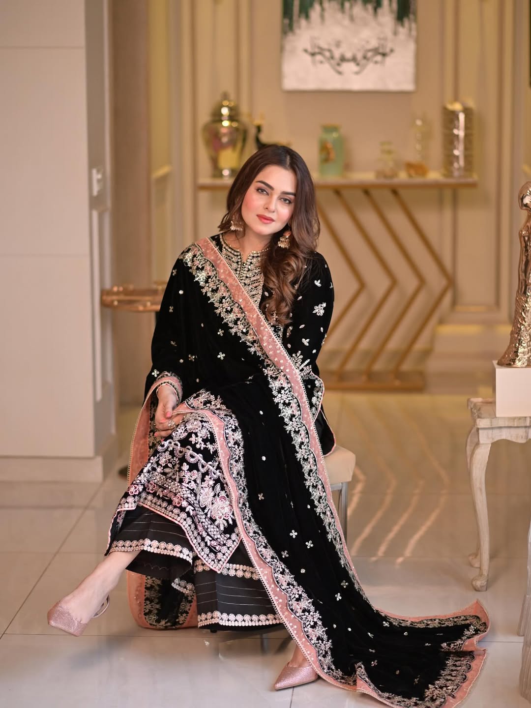 Opulent Black Velvet Embroidered 3-Piece Stitched Suit RTW