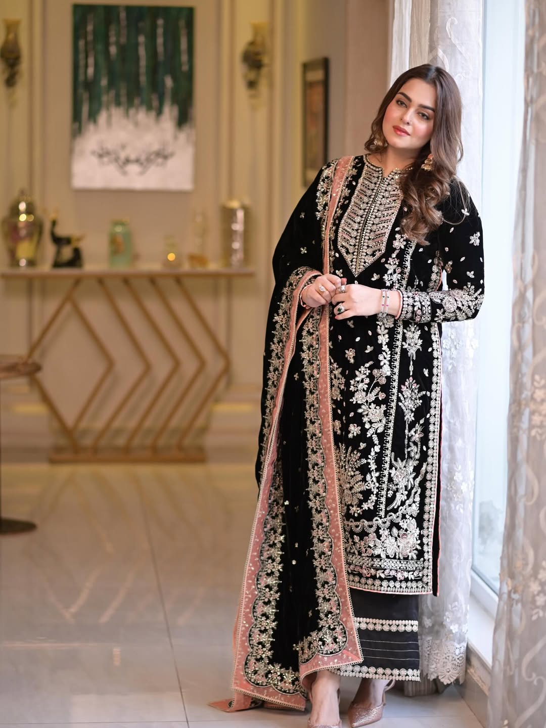 Opulent Black Velvet Embroidered 3-Piece Stitched Suit RTW