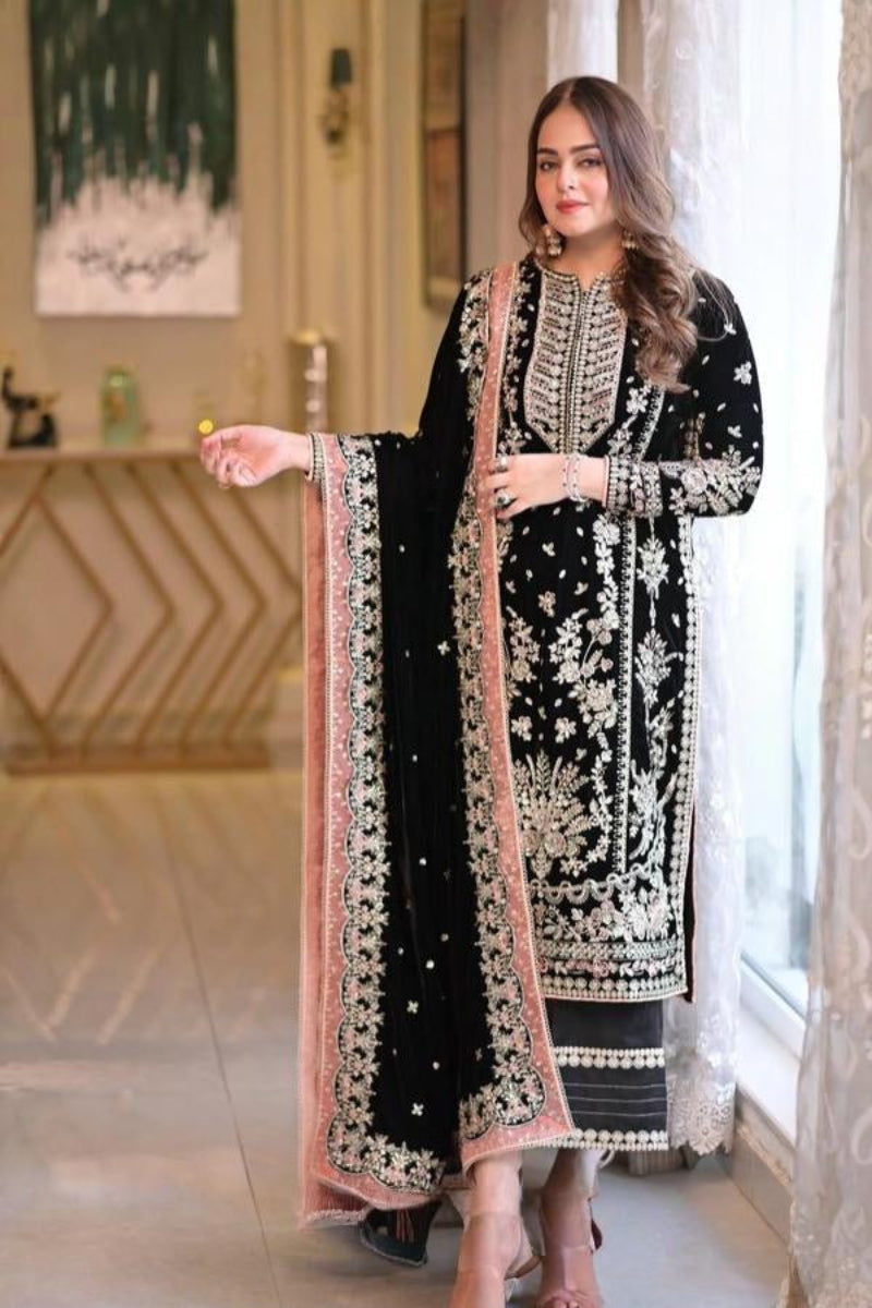 Opulent Black Velvet Embroidered 3-Piece Stitched Suit RTW