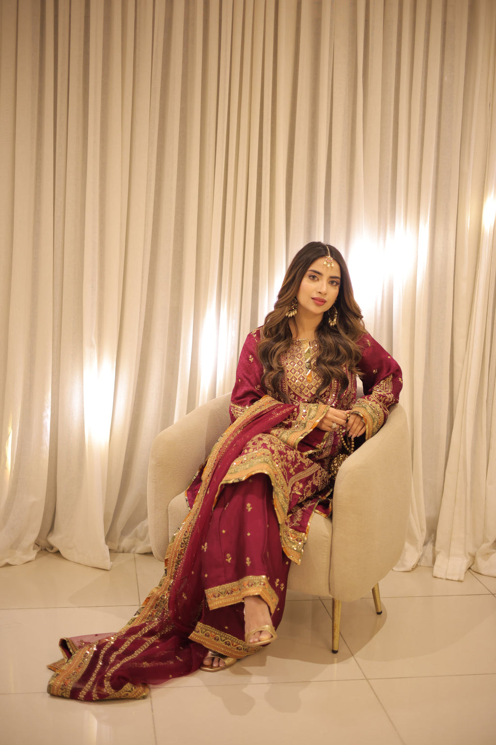 Luxury Hot Pink Charmeuse Silk Embroidered Suit with Flapper | RTW