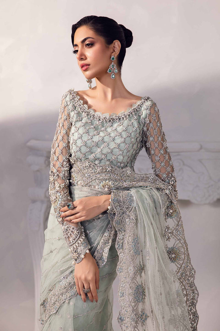 Luxury Net Saree | Heavy Sequence & Pearl Embellished Silver-Grey Saree with Silk Trouser