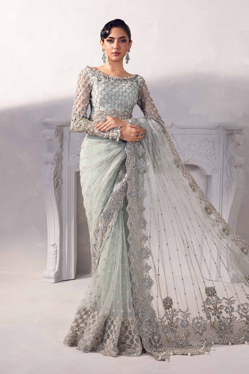 Luxury Net Saree | Heavy Sequence & Pearl Embellished Silver-Grey Saree with Silk Trouser