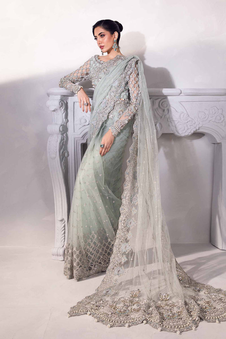 Luxury Net Saree | Heavy Sequence & Pearl Embellished Silver-Grey Saree with Silk Trouser