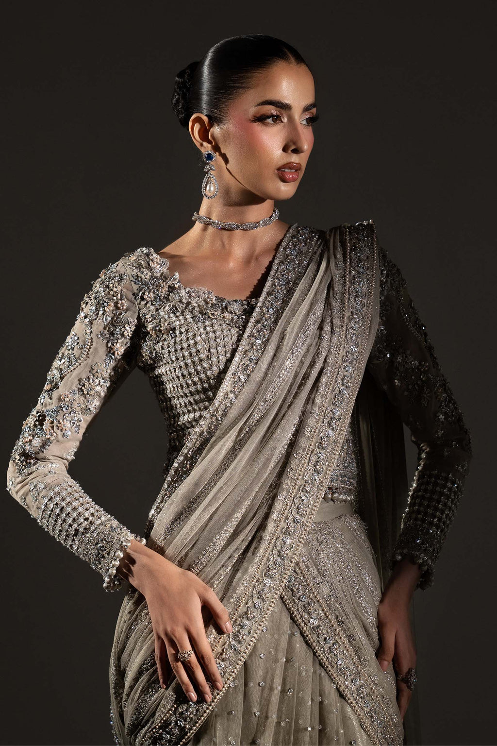 Selene Luminous Grey Sequined Chiffon Designer Saree | RTW