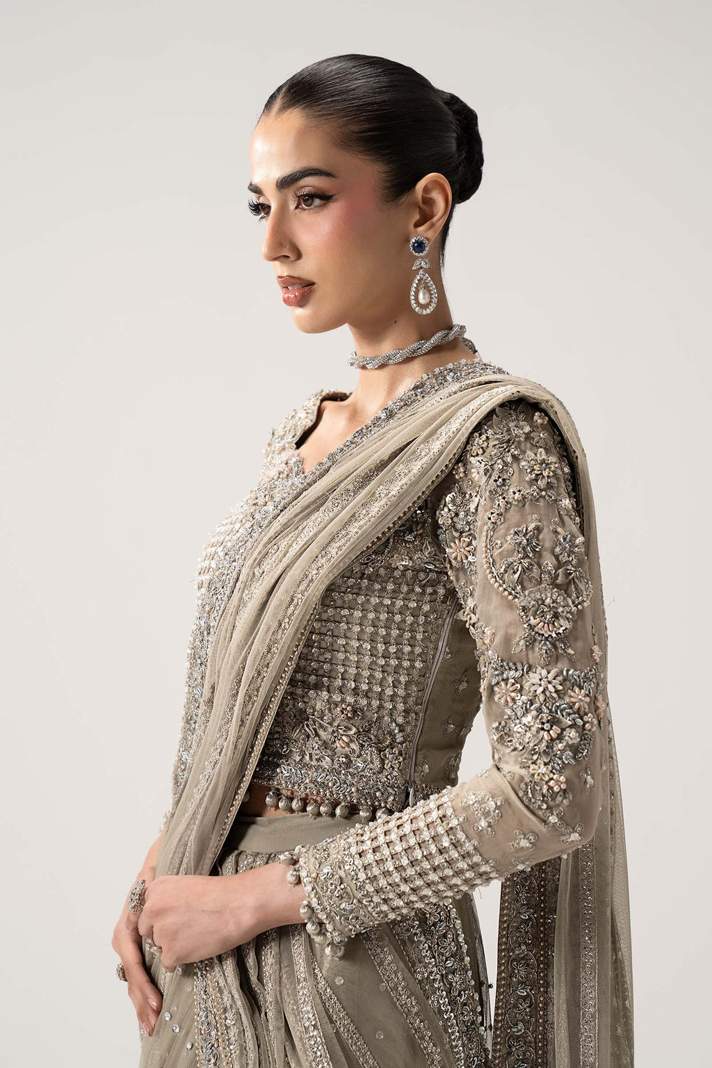 Selene Luminous Grey Sequined Chiffon Designer Saree | RTW