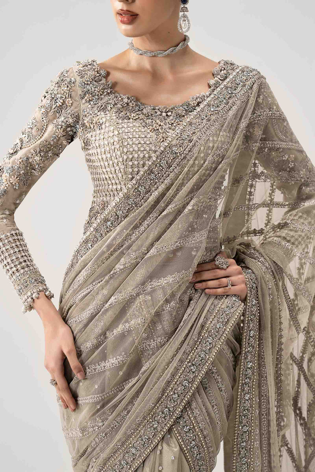 Selene Luminous Grey Sequined Chiffon Designer Saree | RTW