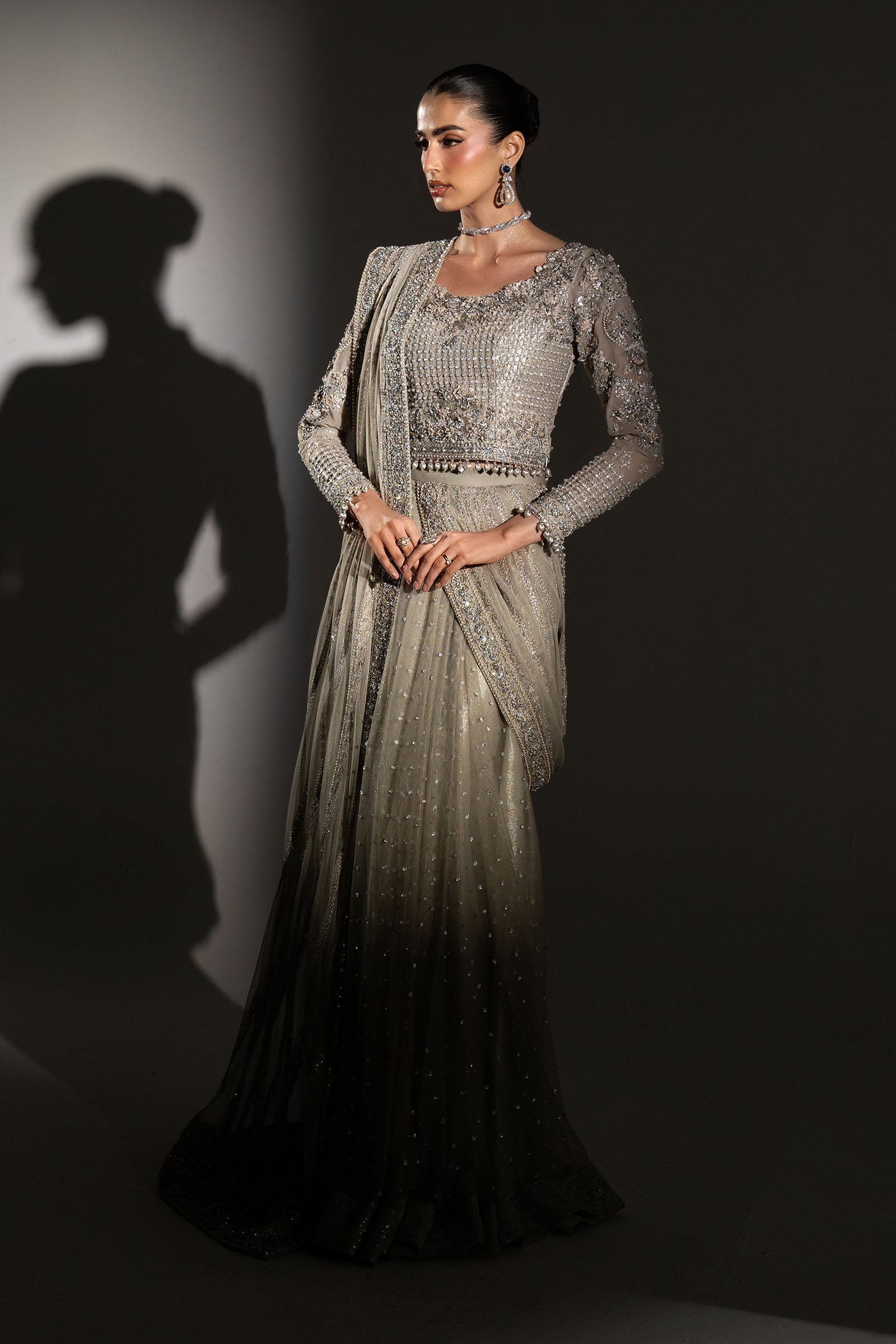 Selene Luminous Grey Sequined Chiffon Designer Saree | RTW