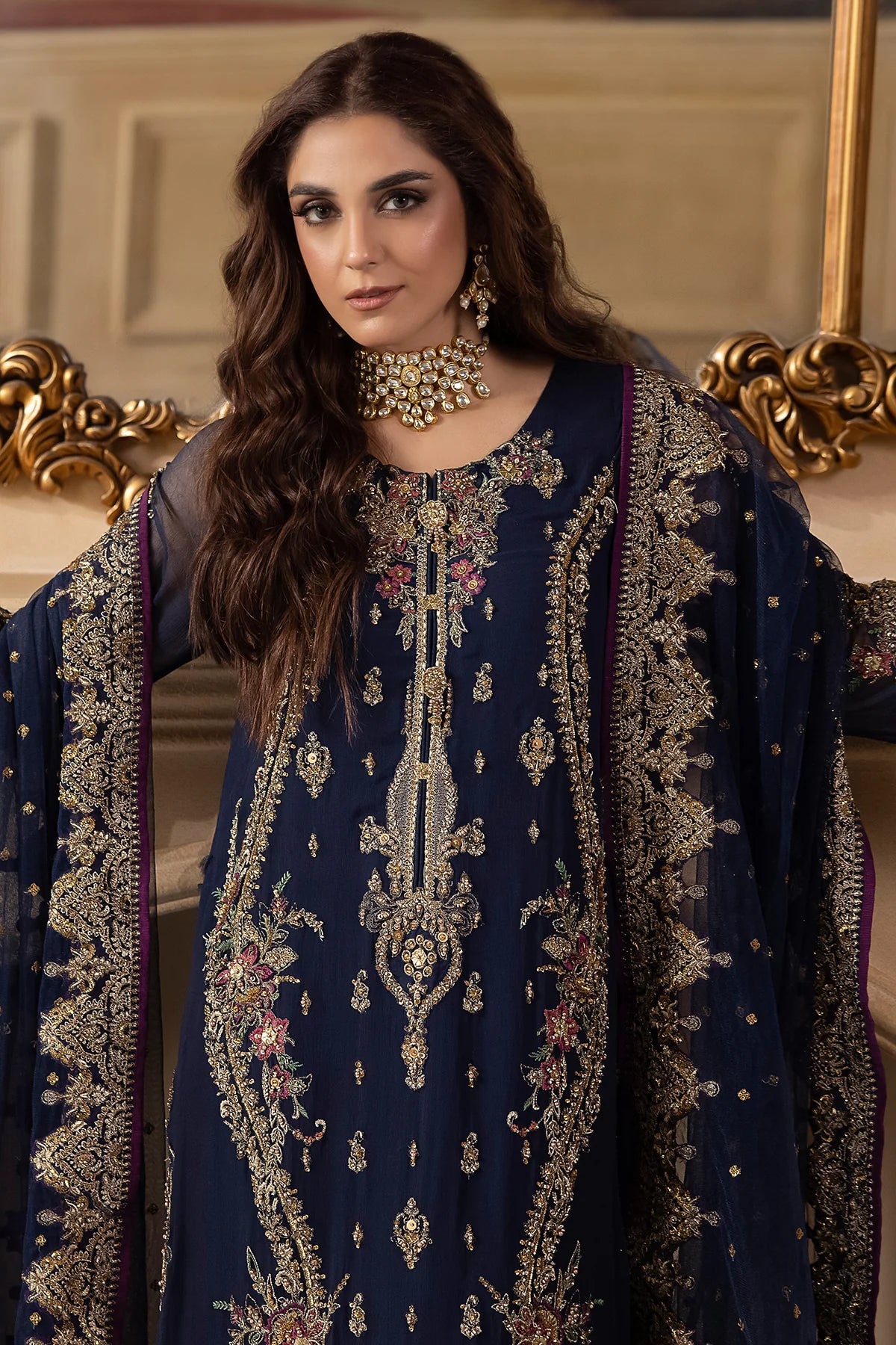 Navy Blue Heavy Embroidered Chiffon Suit | Ready-to-Wear Dupatta