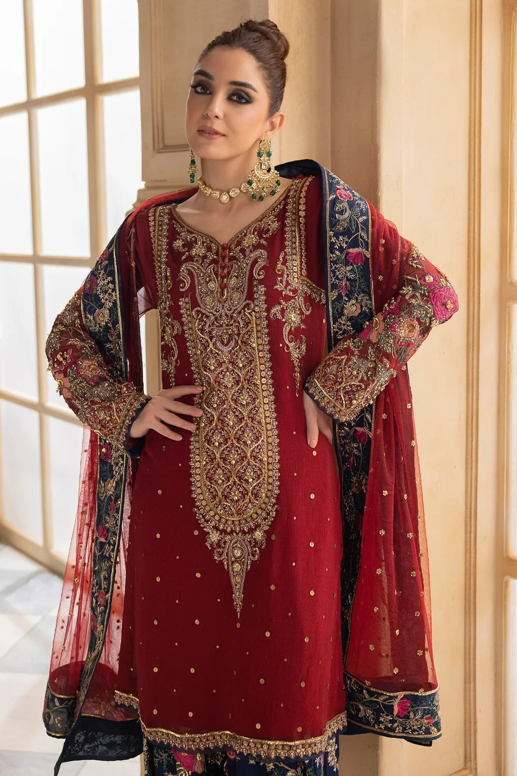 Ruby Red - Embroidered Chiffon Suit | Ready To Wear