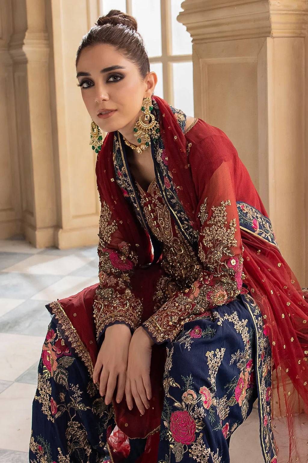 Ruby Red - Embroidered Chiffon Suit | Ready To Wear