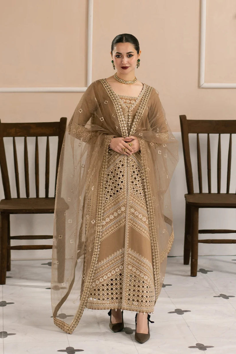 Brown Chikankari Cotton Suit with Embroidered Net Dupatta | Ready to Wear