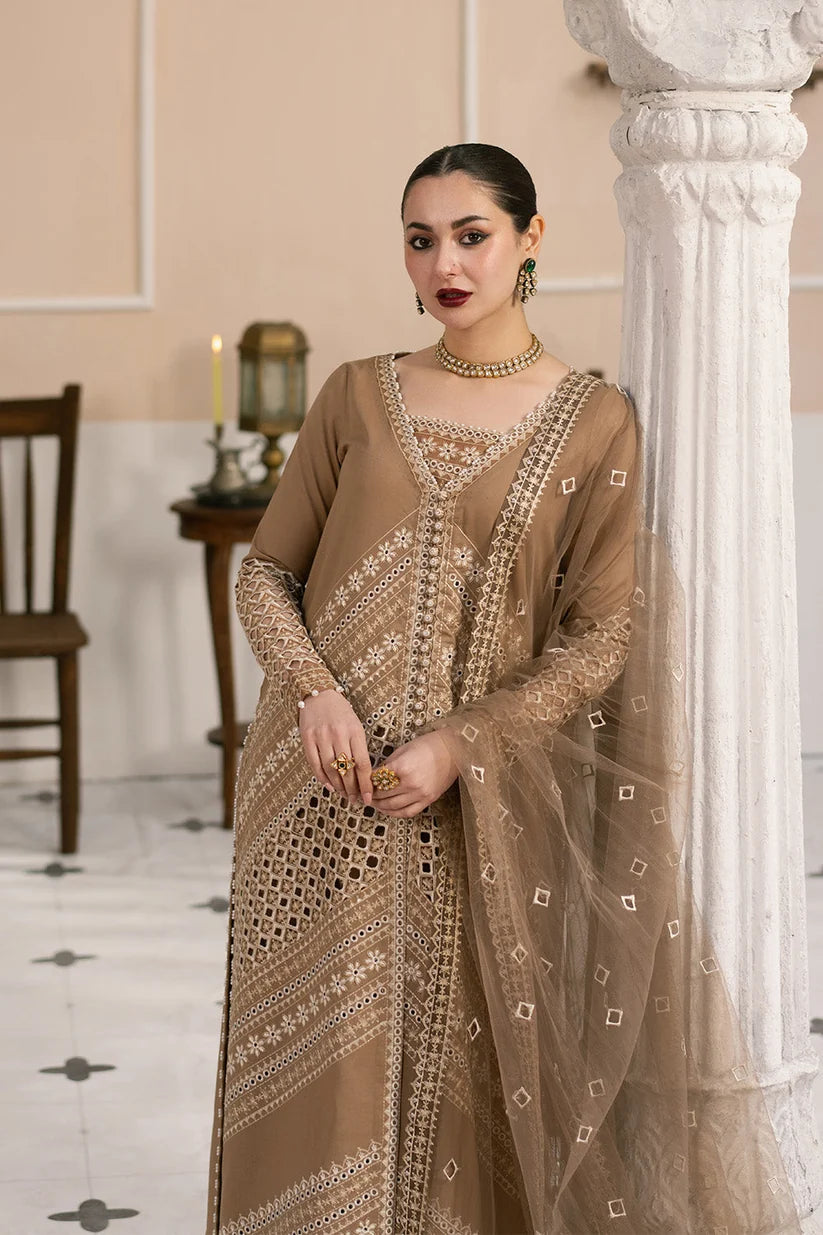 Brown Chikankari Cotton Suit with Embroidered Net Dupatta | Ready to Wear