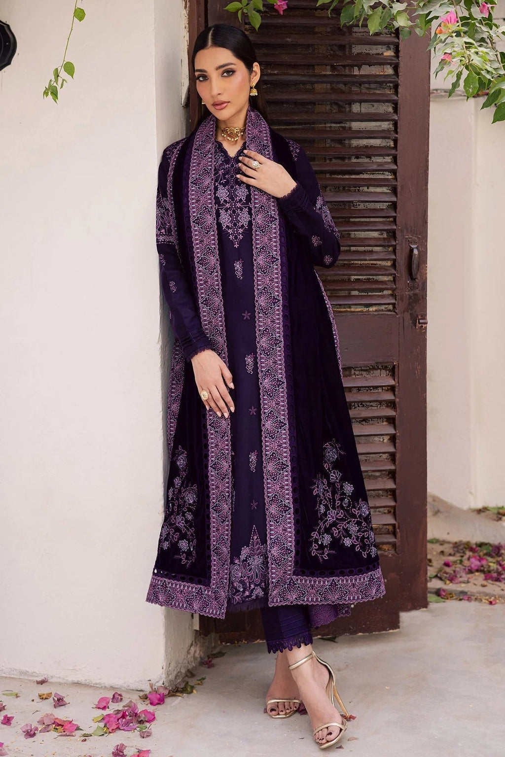 Royal Purple Velvet Spangle Embroidered Festive Suit  | RTW
