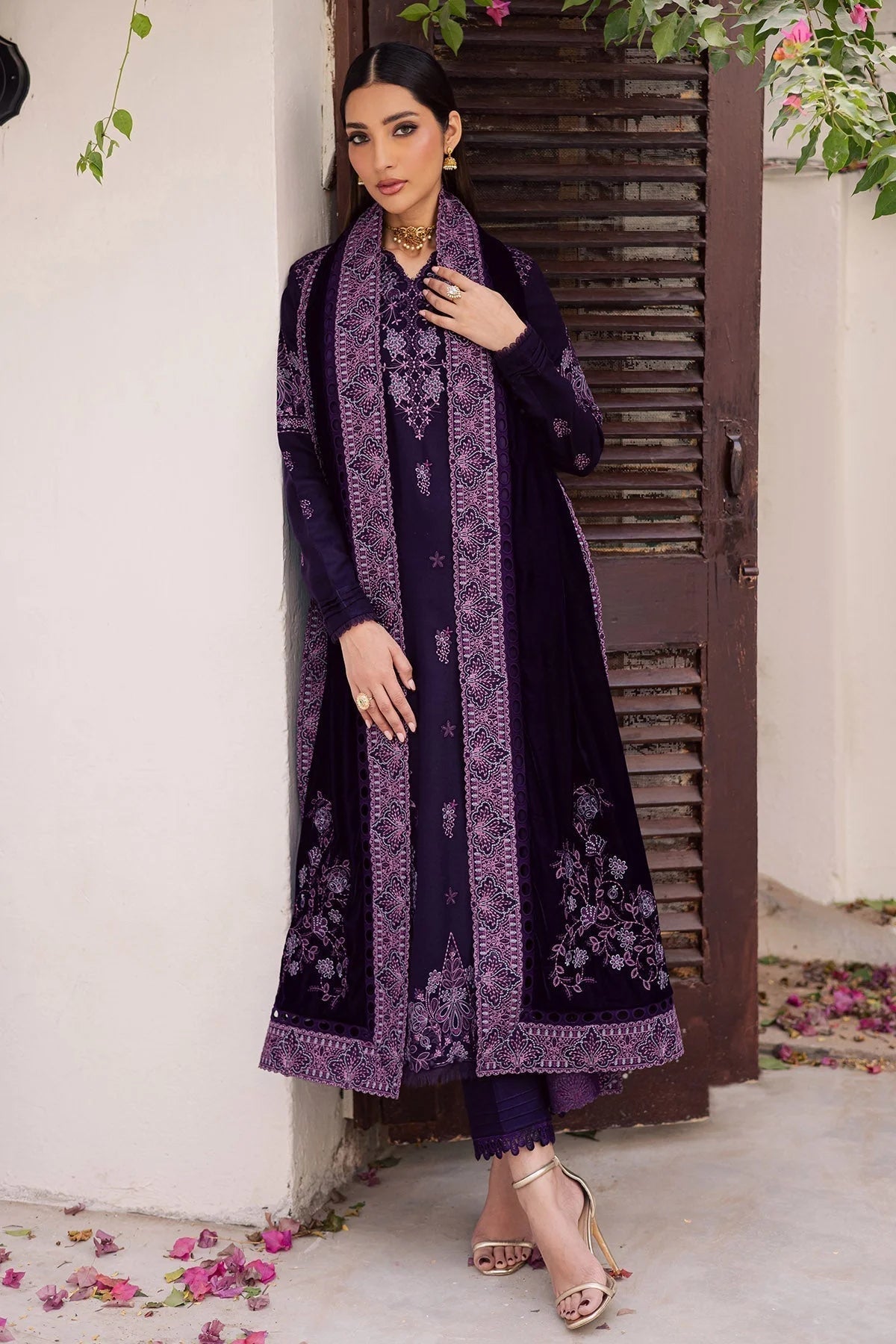 Royal Purple Velvet Spangle Embroidered Festive Suit  | RTW