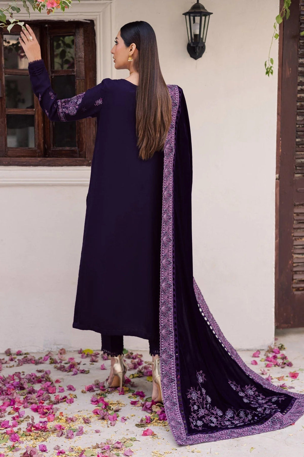 Royal Purple Velvet Spangle Embroidered Festive Suit  | RTW