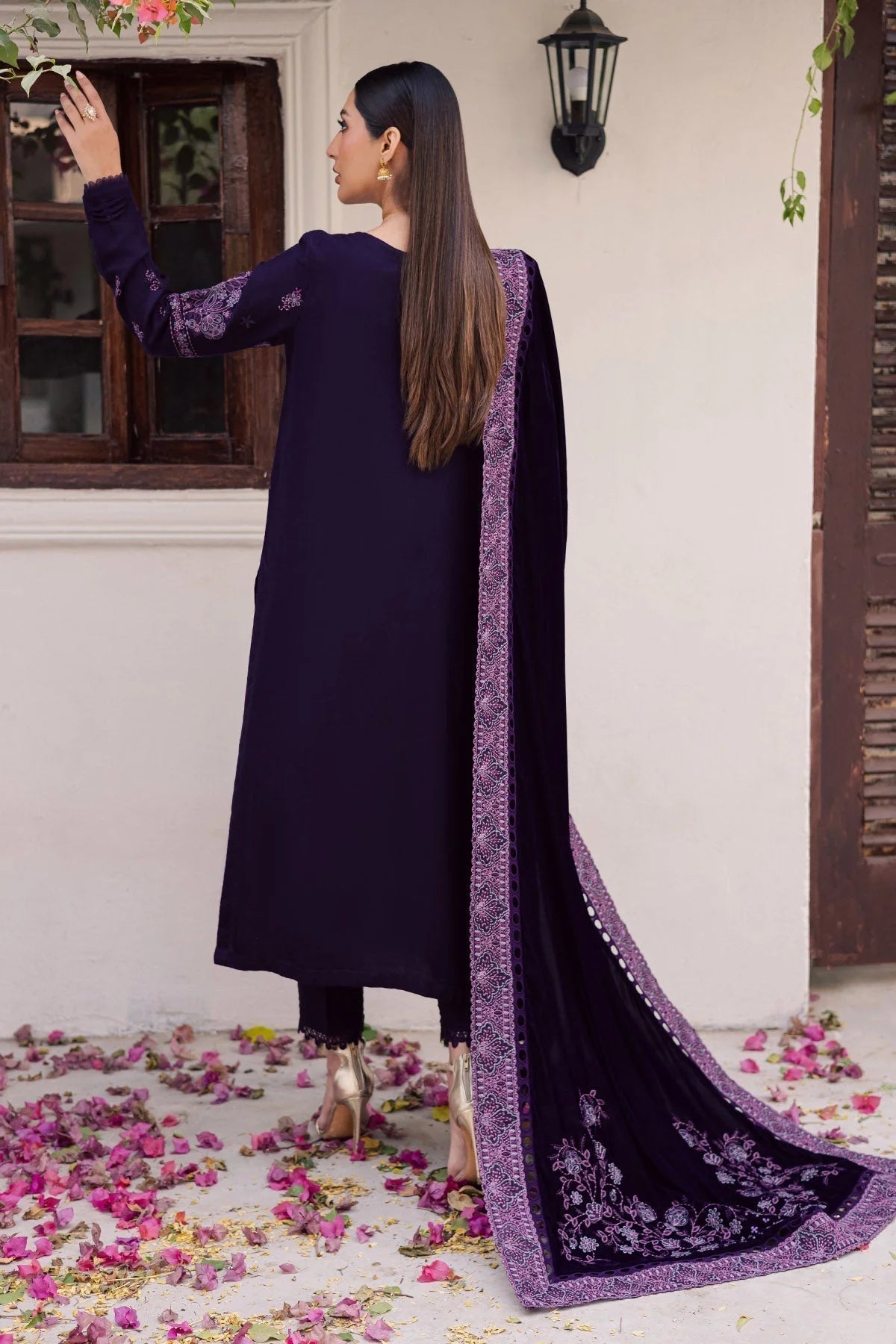 Royal Purple Velvet Spangle Embroidered Festive Suit  | RTW