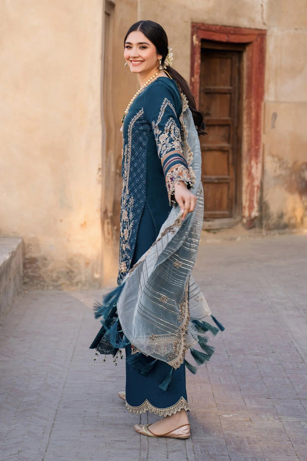 Teal Embroidered Semi Pure Chiffon Suit | Ready to Wear