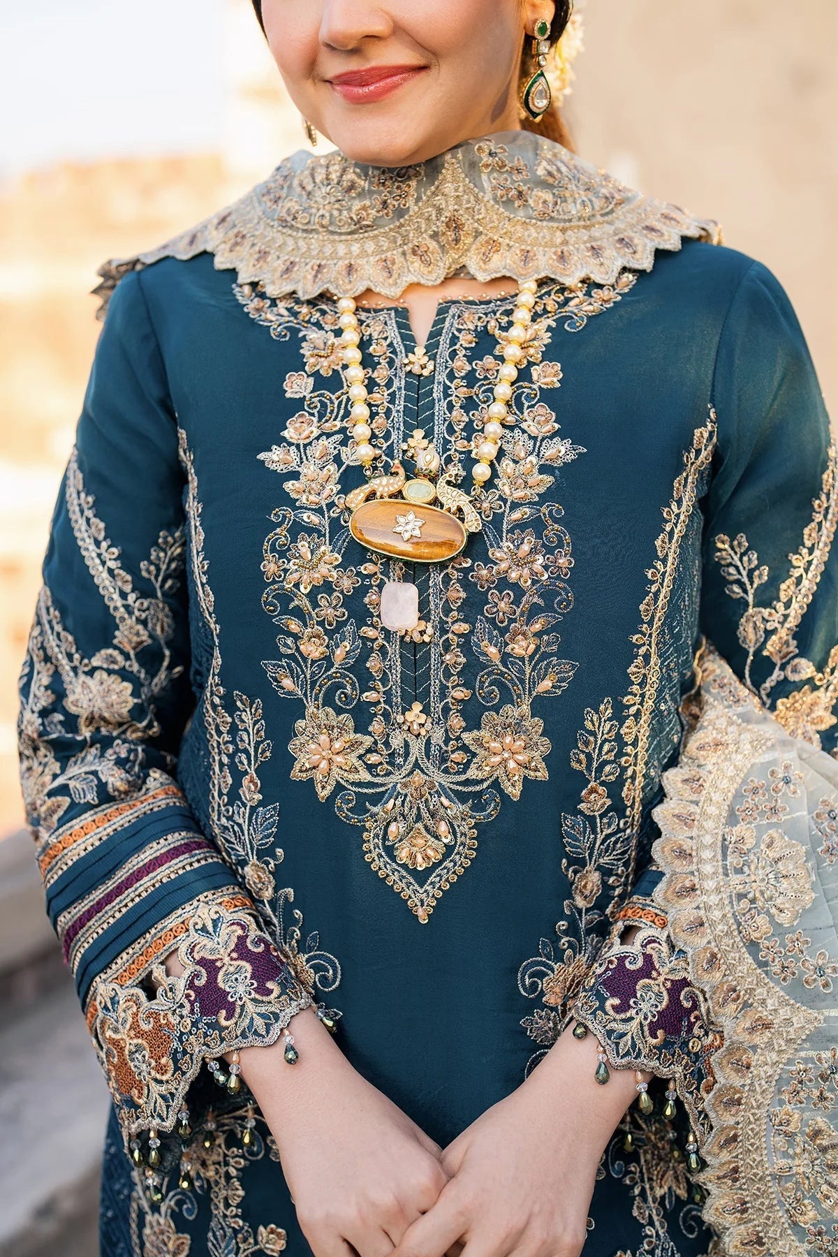 Teal Embroidered Semi Pure Chiffon Suit | Ready to Wear