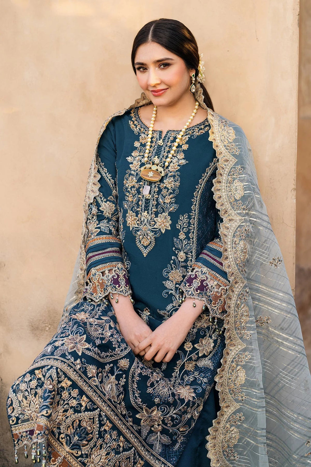 Teal Embroidered Semi Pure Chiffon Suit | Ready to Wear
