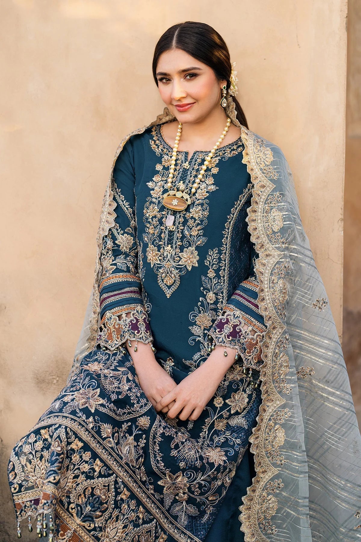 Teal Embroidered Semi Pure Chiffon Suit | Ready to Wear