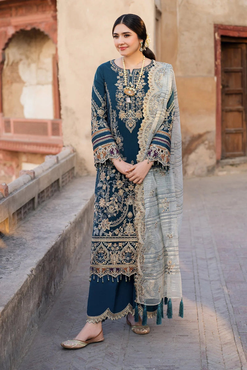 Teal Embroidered Semi Pure Chiffon Suit | Ready to Wear