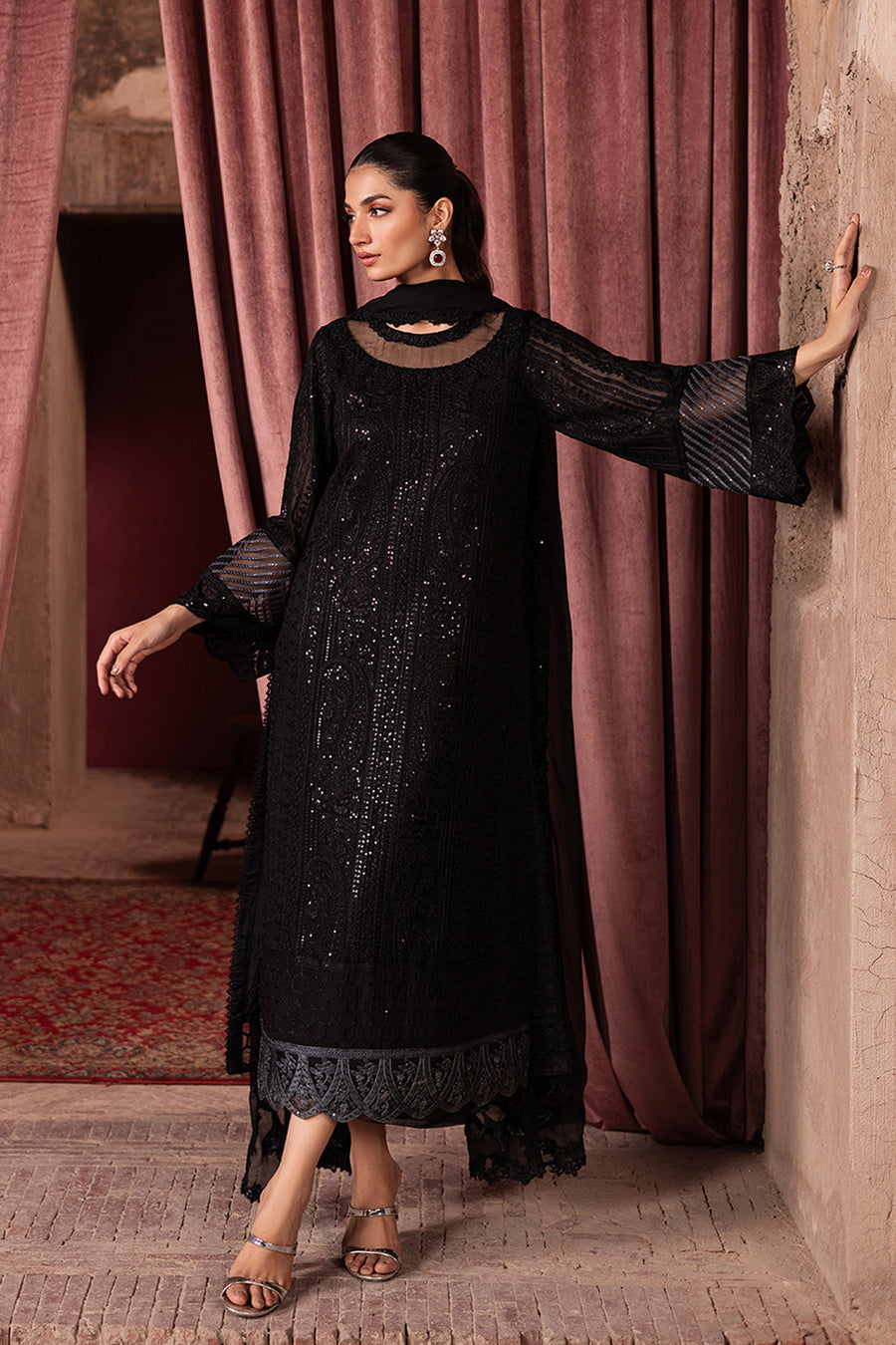 Semi Pure Chiffon Black Sequin 3-Piece Suit