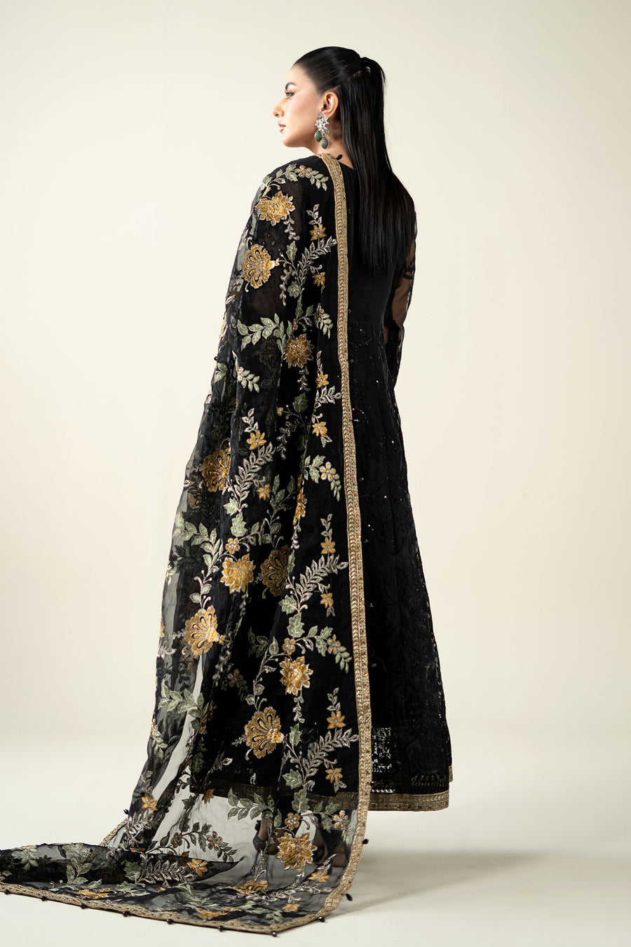 MARIA B Luxury Black Embroidered Net Maxi with Heavy Embellished Dupatta