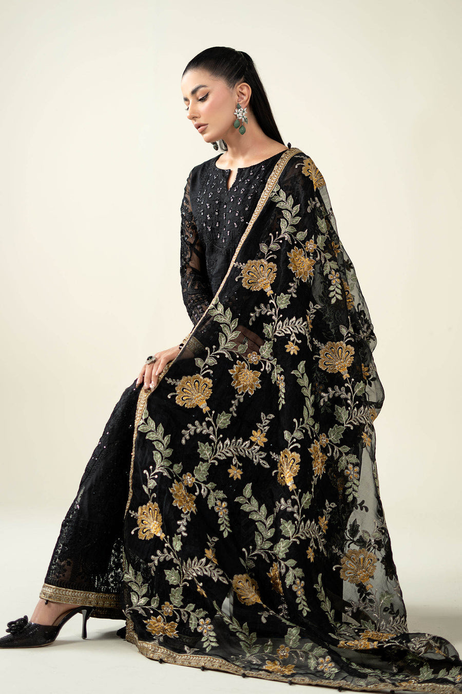 MARIA B Luxury Black Embroidered Net Maxi with Heavy Embellished Dupatta