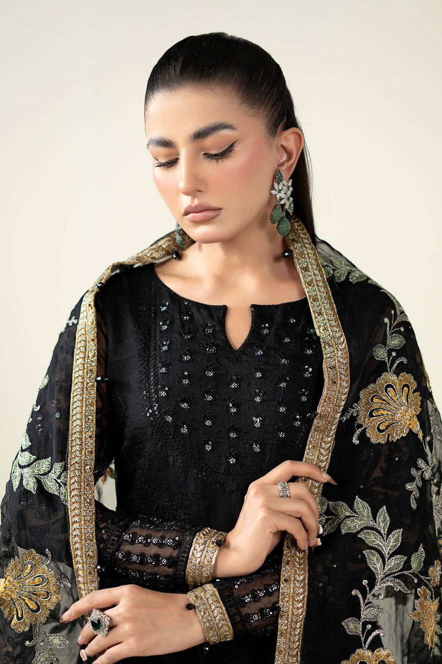 MARIA B Luxury Black Embroidered Net Maxi with Heavy Embellished Dupatta