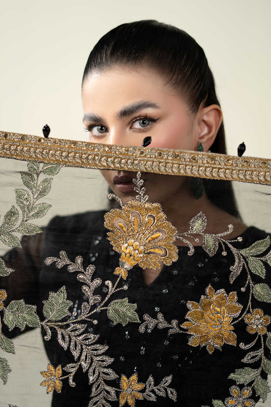 MARIA B Luxury Black Embroidered Net Maxi with Heavy Embellished Dupatta