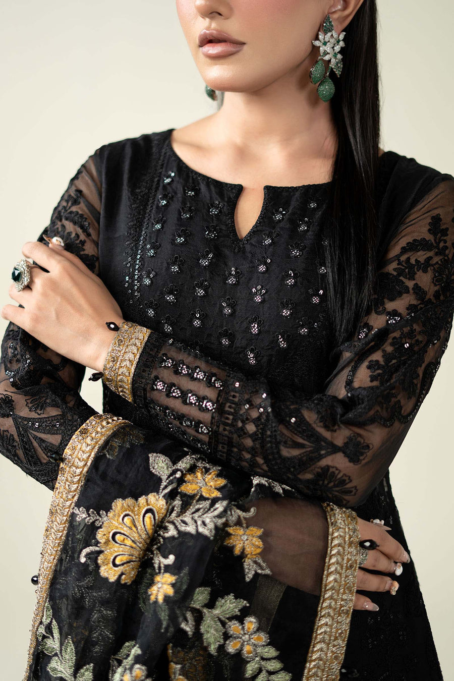 MARIA B Luxury Black Embroidered Net Maxi with Heavy Embellished Dupatta