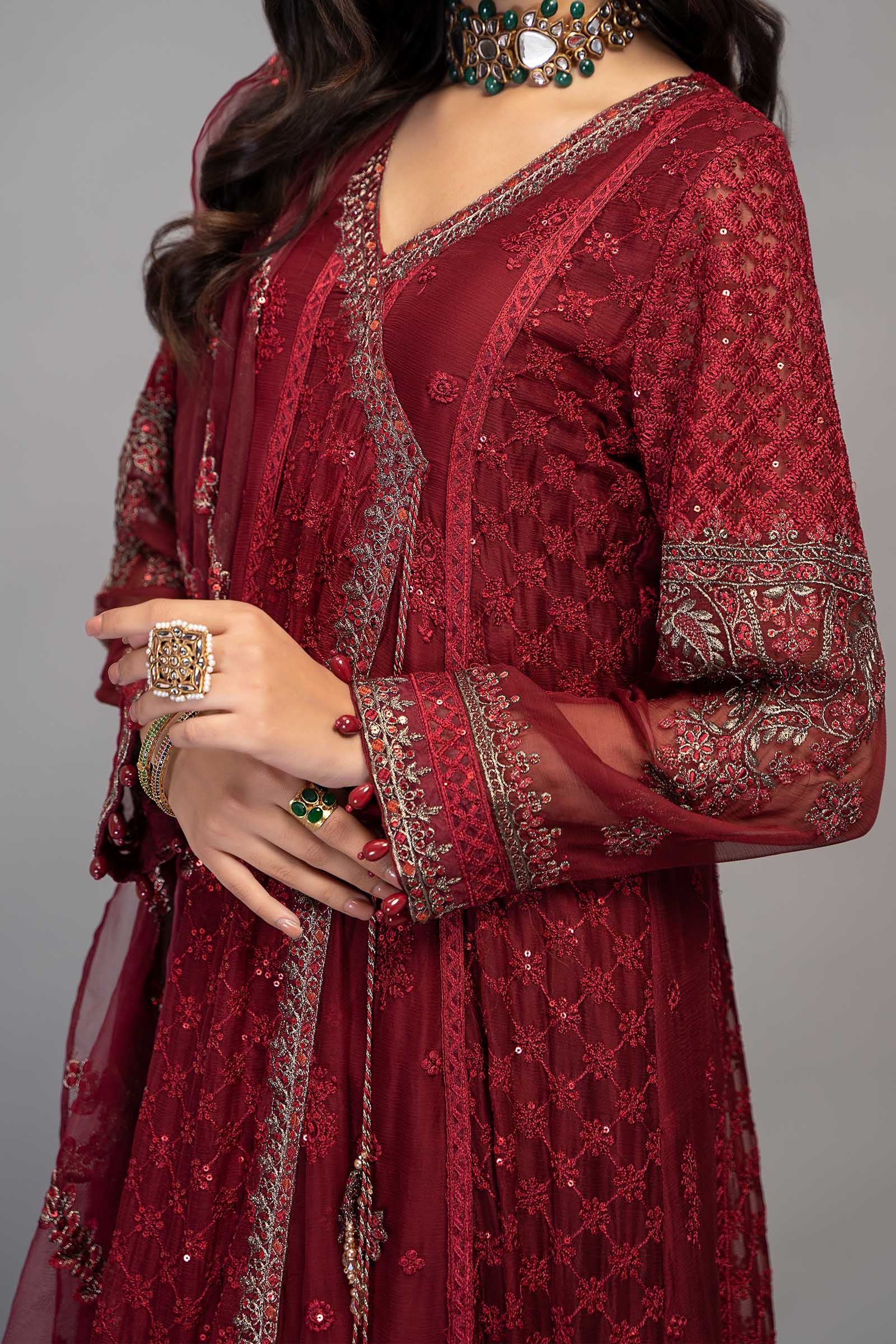 Rich Maroon Embroidered Chiffon Pishwas Suit |Ready to Wear