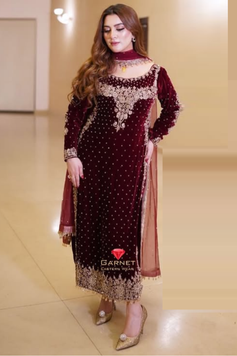 Poshkari Luxury Velvet Embroidered Stitched Maroon Majesty Suit |RTW